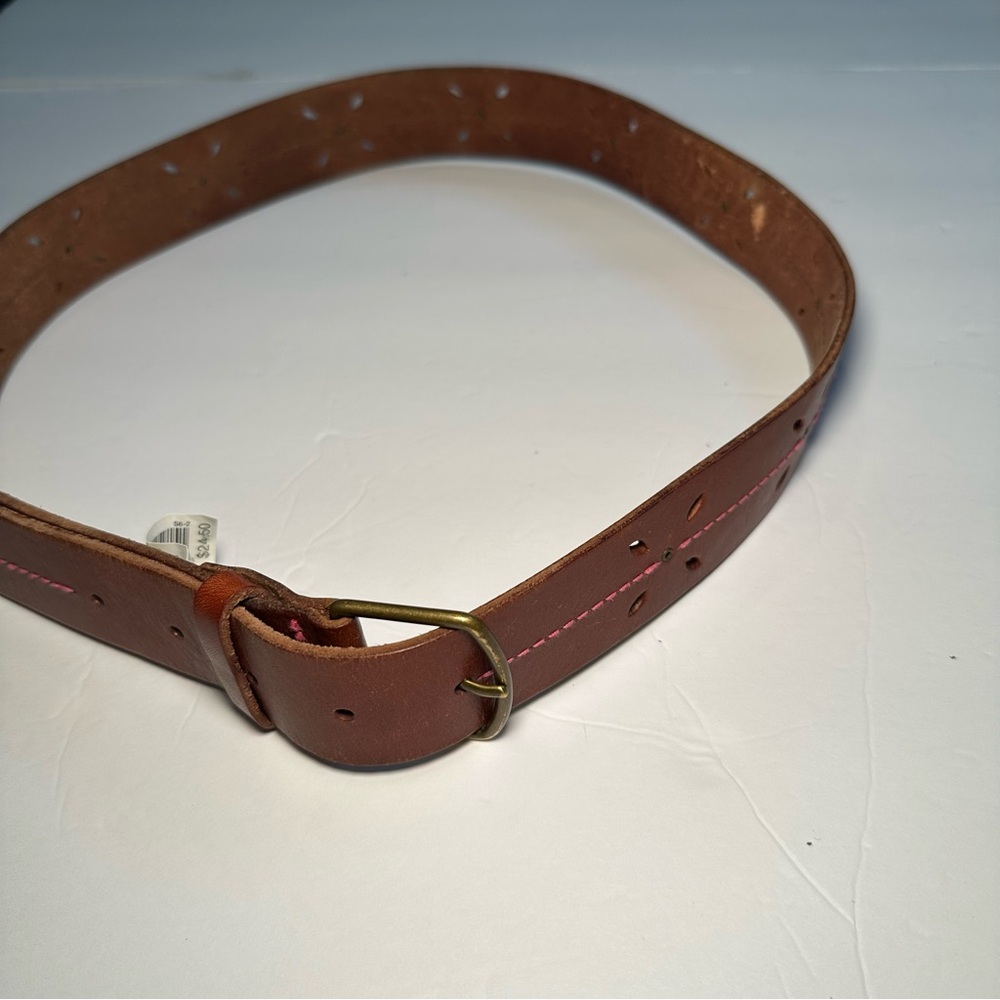 American Eagle Brown Leather Belt with Brass Buckle New Pink Stitching